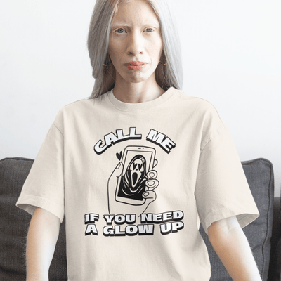 ButFirstSkin Call Me If You Need A Glow Up Halloween T-Shirt Cream / S