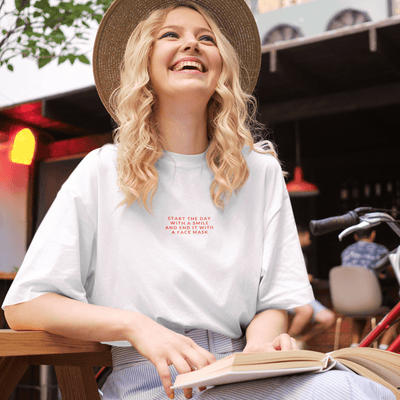 Start The Day With A Smile And End It With A Facemask Embroidered T-Shirt S | ButFirstSkin